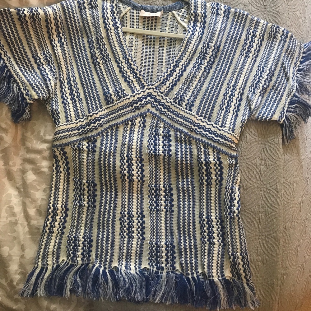 Tory Burch Blue and White Fringe Sweater-Top